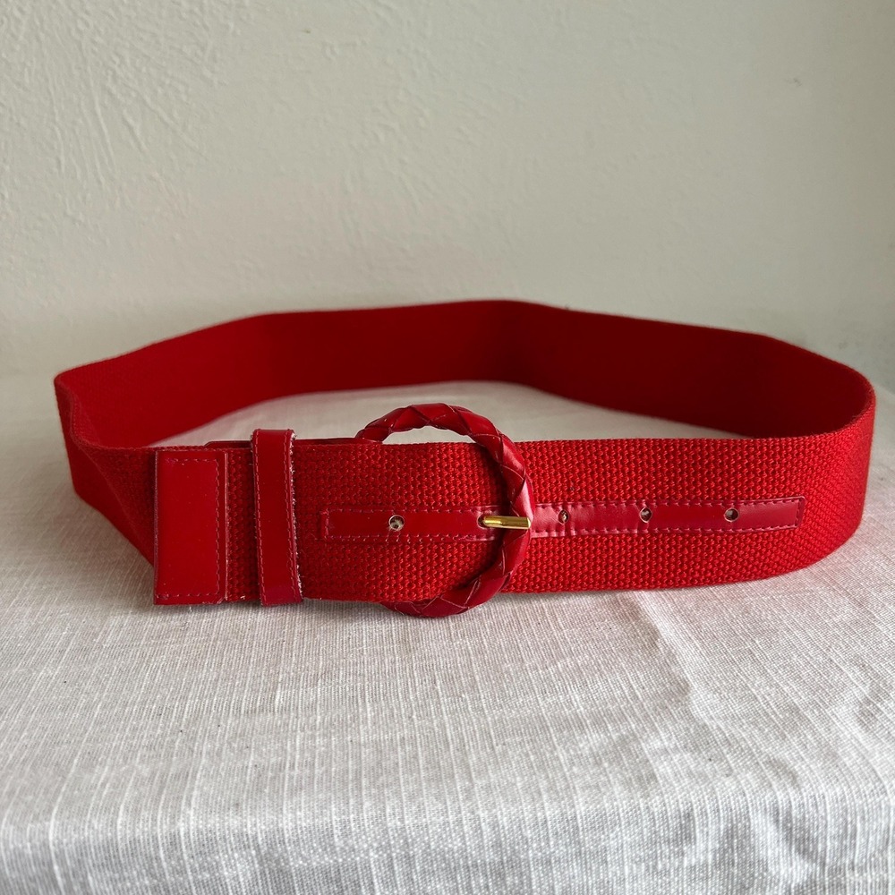 Vintage Red Woven Canvas Belt Braided Leather Buckle 70s‎ 80s